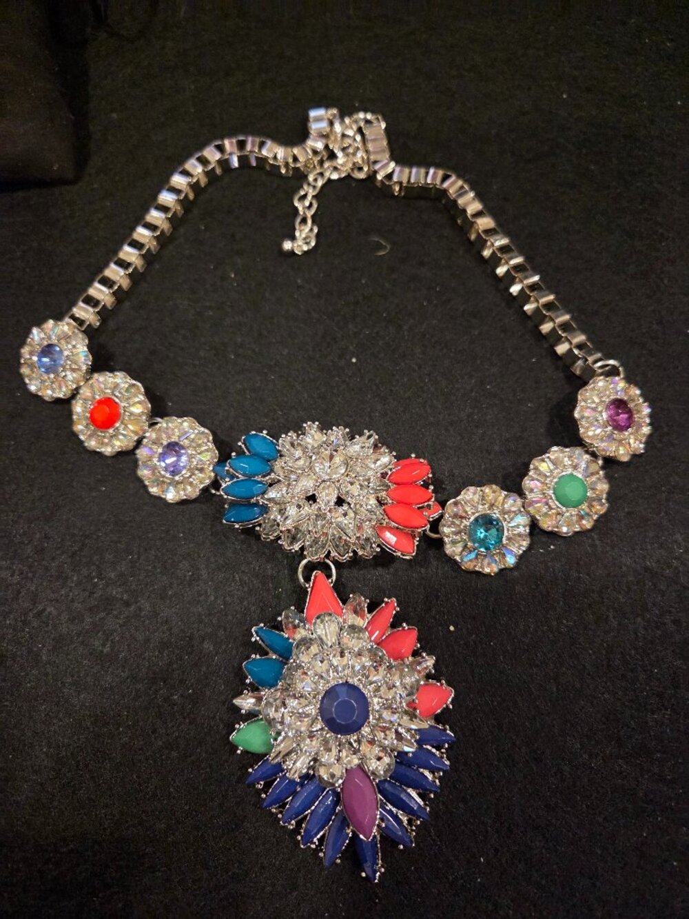 Vintage Art Deco Glass Rhinestone Multicolor Statement Necklace Silver Tone